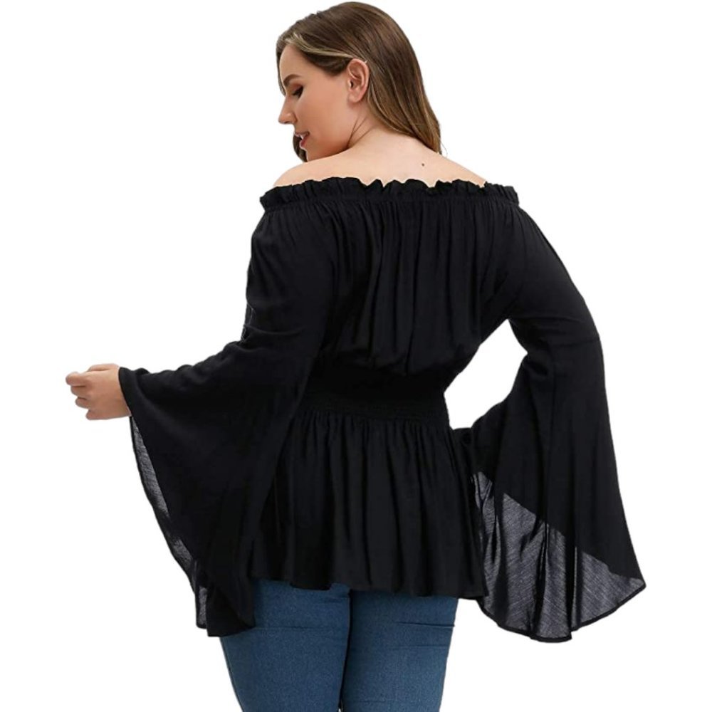 HANNA Nikole Women's Plus Size Blouse Off Shoulder Trumpet Sleeve Peasant Top